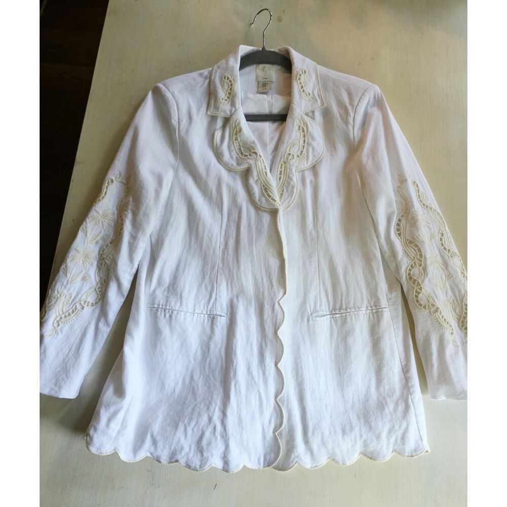White Linen Tropical Victorian Embroidered Scalloped Blazer by Joie Size M